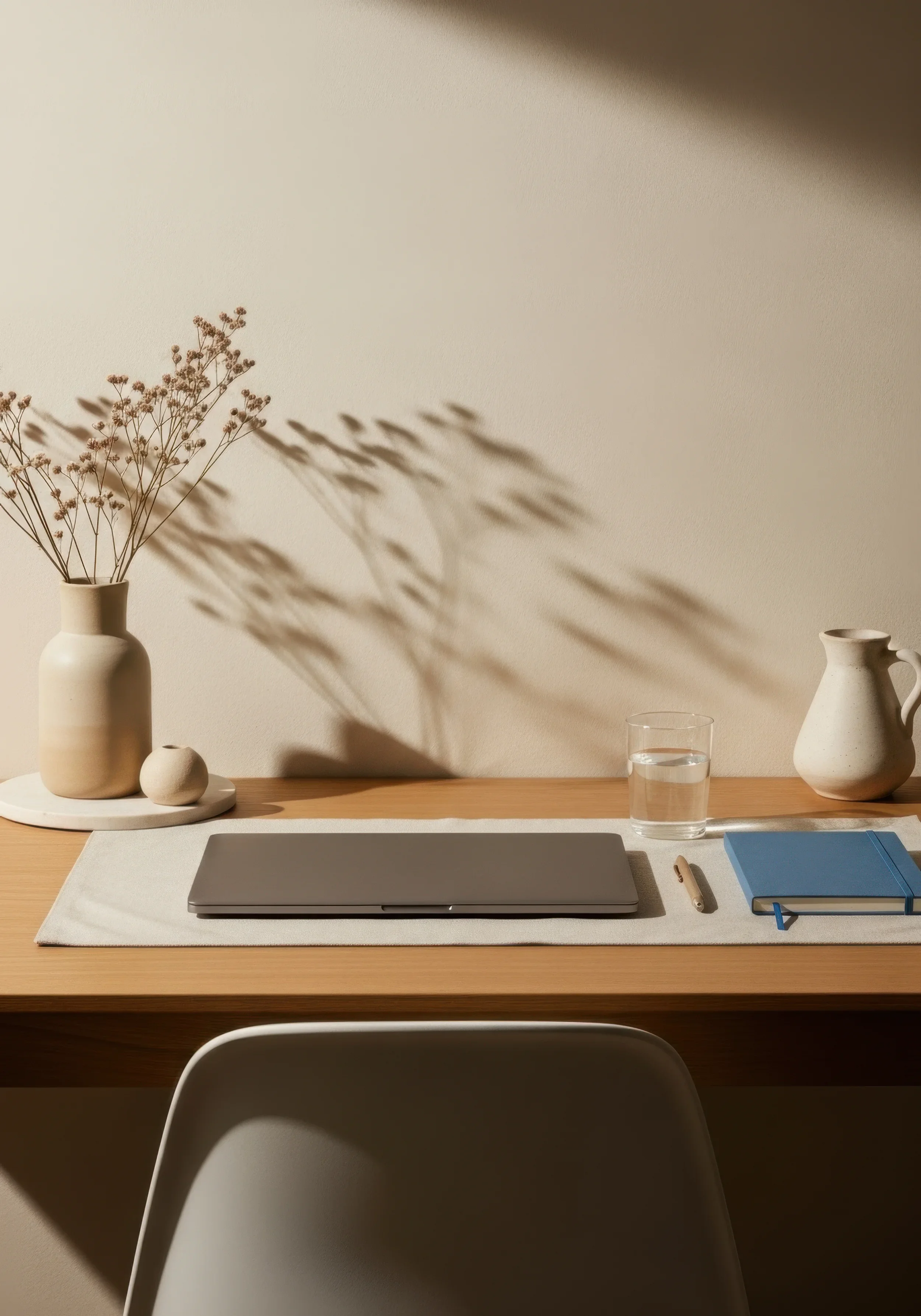 A minimalist workspace with a wooden desk, a closed laptop, a glass of water, a closed blue notebook, a pen, and a white chair. Two white vases with dried flowers cast shadows on the beige wall behind.